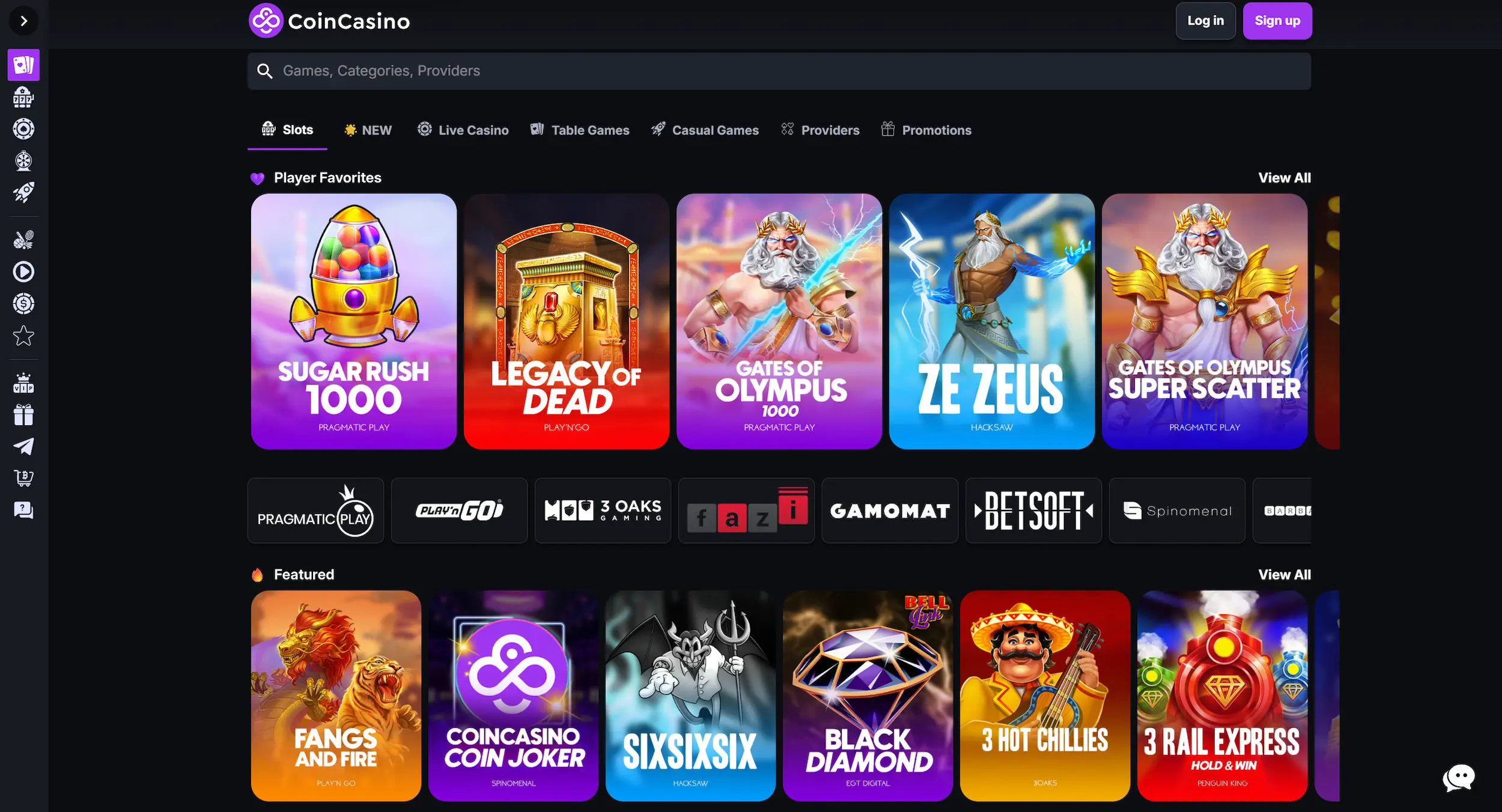 CoinCasino homepage displaying selection of top online pokies, game providers and site navigation