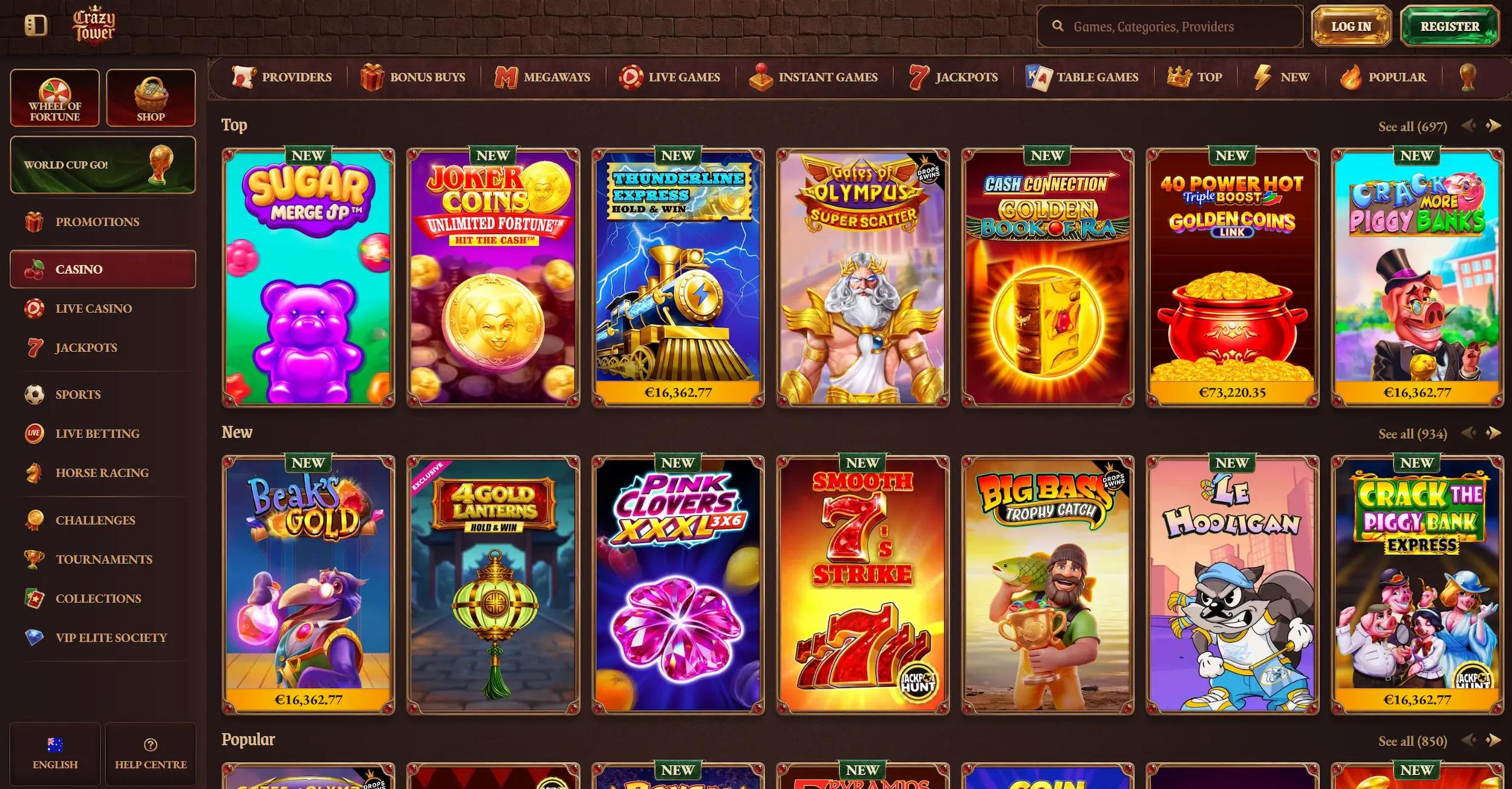 Crazy Tower casino homepage displaying top online pokies and site navigation