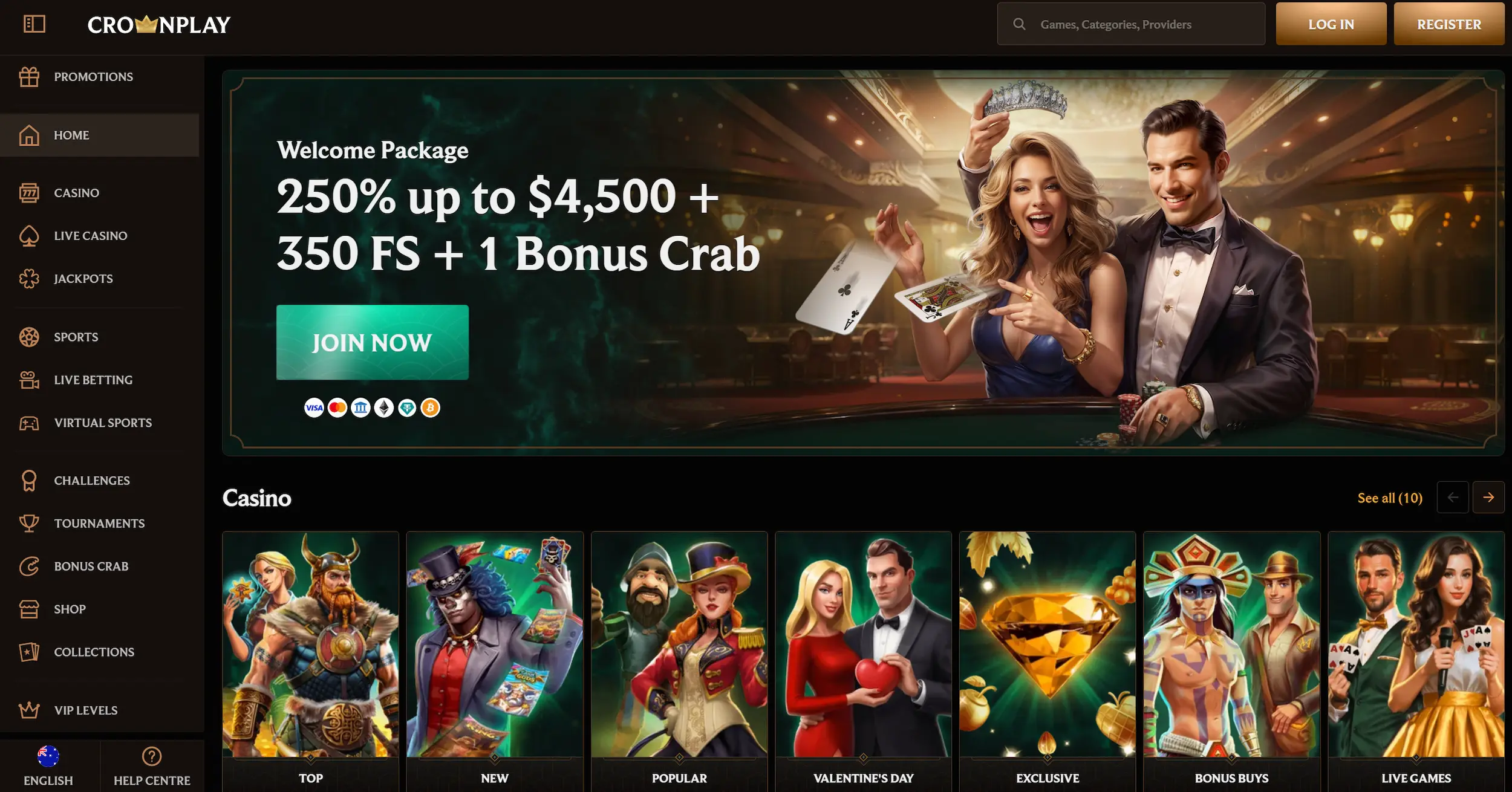 CrownPlay casino homepage displaying welcome bonus offer, top online pokies and site navigation