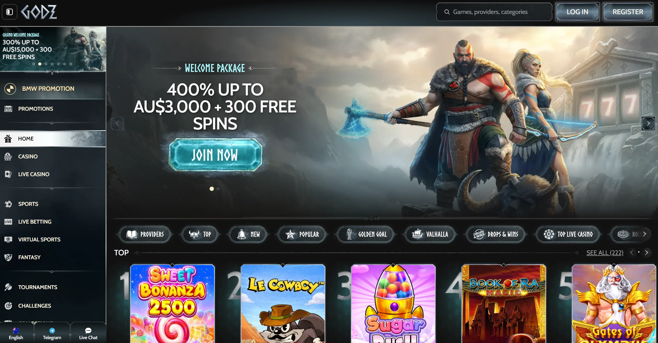 Godz casino homepage displaying welcome bonus offer, top online pokies and site navigation