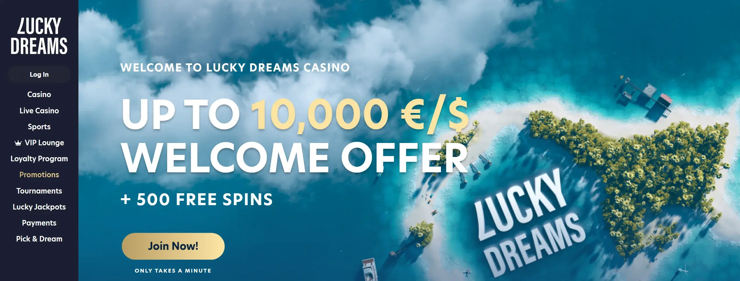 Lucky Dreams casino homepage displaying welcome bonus offer and site navigation