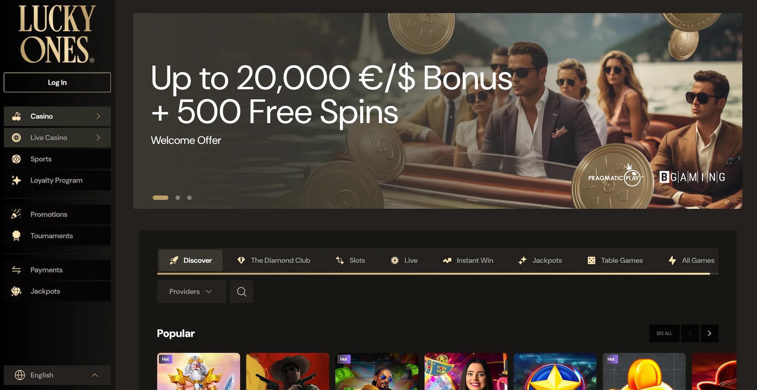LuckyOnes casino homepage displaying welcome bonus offer, top online pokies and site navigation